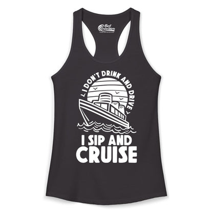 I Sip and Cruise Shirt - Funny Cruise Drinking Tee for Vacation (Ladies Tank) in Black - I Sip and Cruise Funny Cruise Drinking Shirt with Ship Illustration