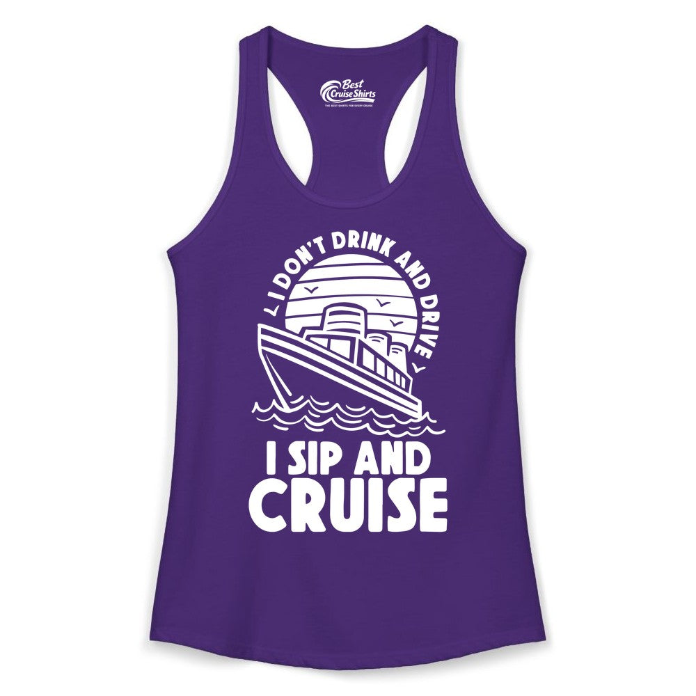 I Sip and Cruise Shirt - Funny Cruise Drinking Tee for Vacation (Ladies Tank) in Solid Purple Rush - I Sip and Cruise Funny Cruise Drinking Shirt with Ship Illustration