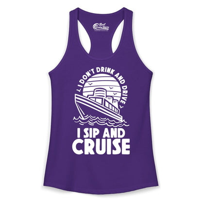 I Sip and Cruise Shirt - Funny Cruise Drinking Tee for Vacation (Ladies Tank) in Solid Purple Rush - I Sip and Cruise Funny Cruise Drinking Shirt with Ship Illustration