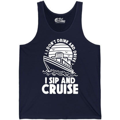 I Sip and Cruise Shirt - Funny Cruise Drinking Tee for Vacation (Tank Top) in Navy - I Sip and Cruise Funny Cruise Drinking Shirt with Ship Illustration