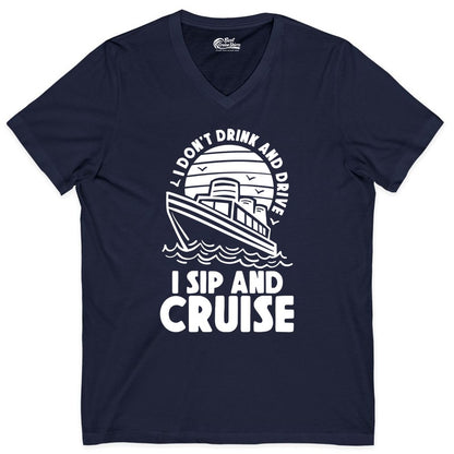 I Sip and Cruise Shirt - Funny Cruise Drinking Tee for Vacation (V-Neck) in Navy - I Sip and Cruise Funny Cruise Drinking Shirt with Ship Illustration