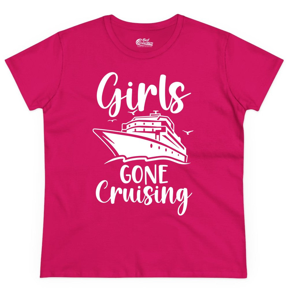 Girls Cruise Shirt - Fun Group Vacation Apparel for Ladies Trips (Ladies Tee) in Heliconia - Girls Gone Cruising Group Cruise Shirt - Fun Girls Trip Cruise Apparel