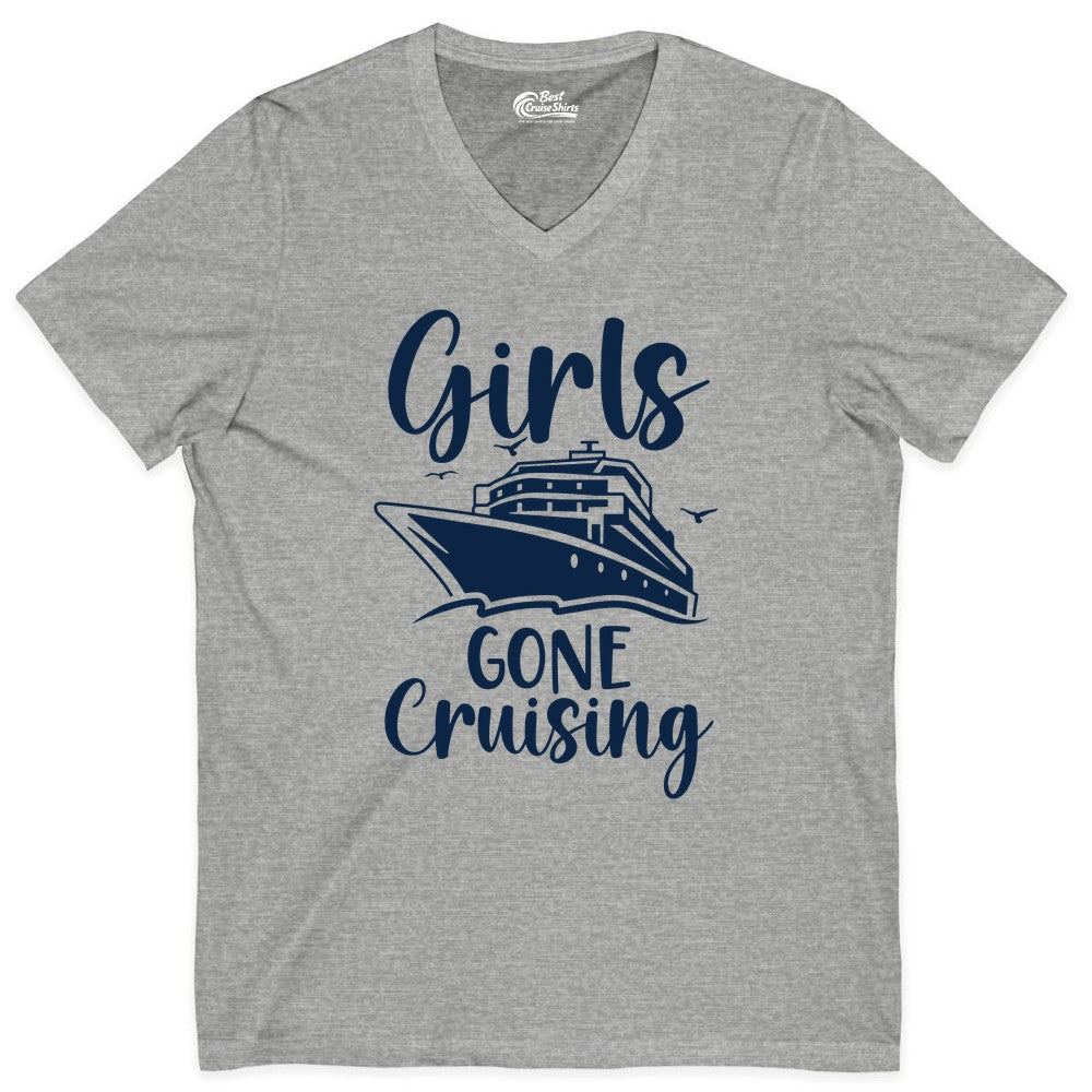 Girls Cruise Shirt - Fun Group Vacation Apparel for Ladies Trips (V-Neck) in Athletic Heather - Girls Gone Cruising Group Cruise Shirt - Fun Girls Trip Cruise Apparel