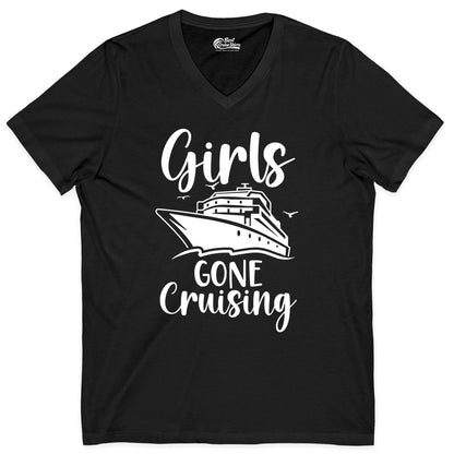 Girls Cruise Shirt - Fun Group Vacation Apparel for Ladies Trips (V-Neck) in Black - Girls Gone Cruising Group Cruise Shirt - Fun Girls Trip Cruise Apparel
