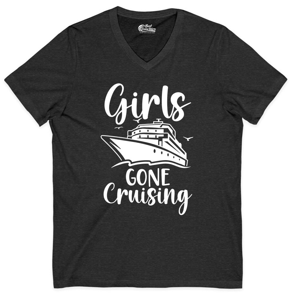 Girls Cruise Shirt - Fun Group Vacation Apparel for Ladies Trips (V-Neck) in Dark Grey Heather - Girls Gone Cruising Group Cruise Shirt - Fun Girls Trip Cruise Apparel