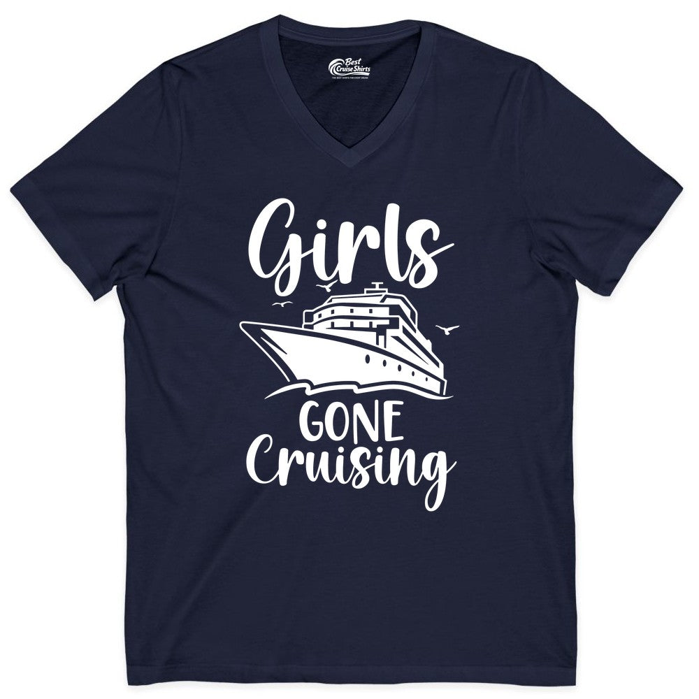 Girls Cruise Shirt - Fun Group Vacation Apparel for Ladies Trips (V-Neck) in Navy - Girls Gone Cruising Group Cruise Shirt - Fun Girls Trip Cruise Apparel