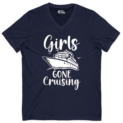 Girls Cruise Shirt - Fun Group Vacation Apparel for Ladies Trips (V-Neck) in Navy - Girls Gone Cruising Group Cruise Shirt - Fun Girls Trip Cruise Apparel