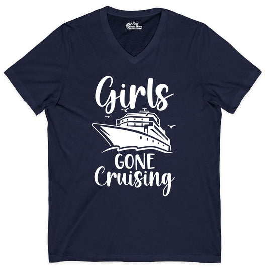 Girls Cruise Shirt - Fun Group Vacation Apparel for Ladies Trips (V-Neck) in Navy - Girls Gone Cruising Group Cruise Shirt - Fun Girls Trip Cruise Apparel