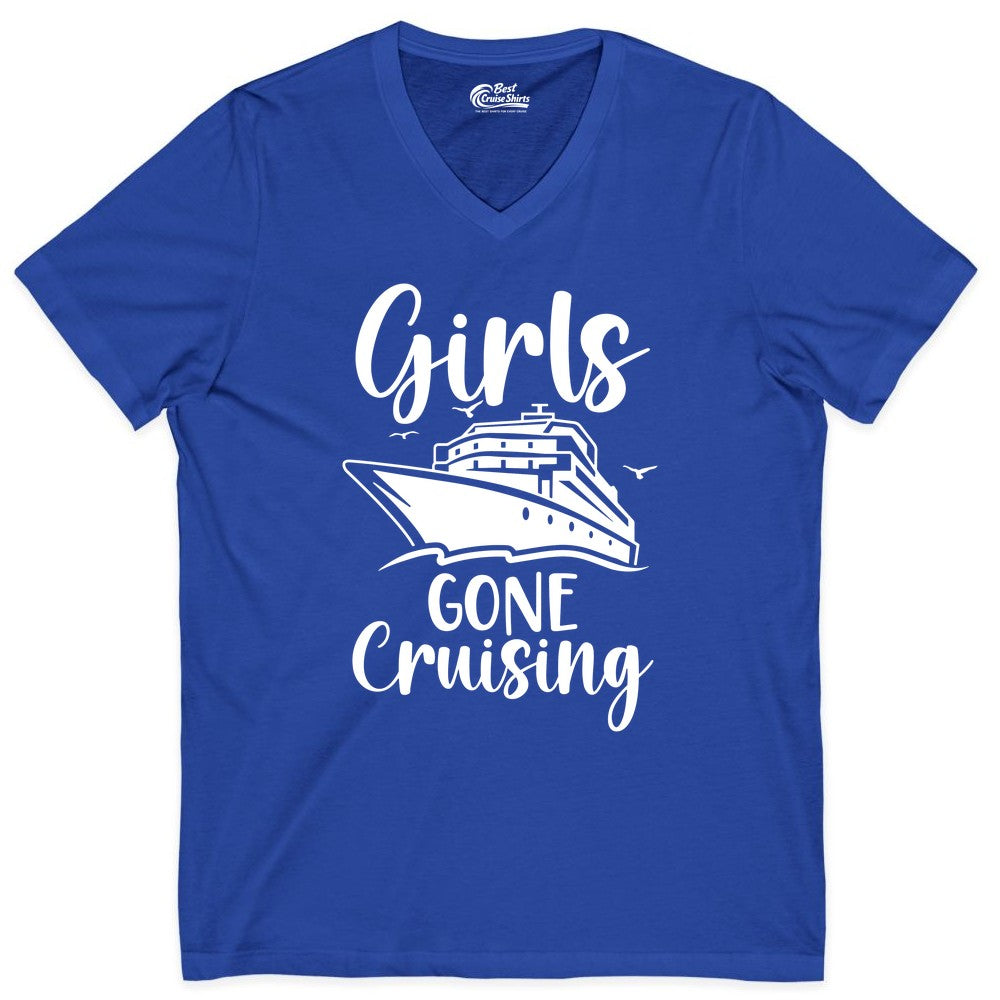 Girls Cruise Shirt - Fun Group Vacation Apparel for Ladies Trips (V-Neck) in True Royal - Girls Gone Cruising Group Cruise Shirt - Fun Girls Trip Cruise Apparel