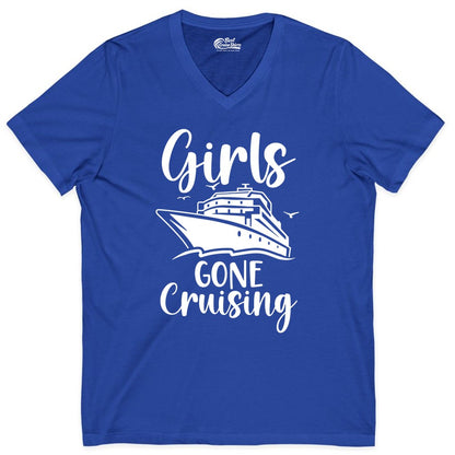 Girls Cruise Shirt - Fun Group Vacation Apparel for Ladies Trips (V-Neck) in True Royal - Girls Gone Cruising Group Cruise Shirt - Fun Girls Trip Cruise Apparel