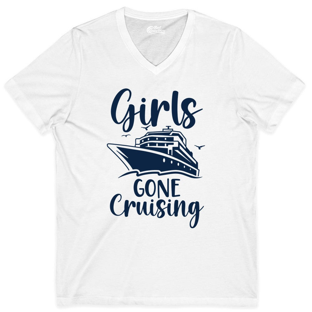 Girls Cruise Shirt - Fun Group Vacation Apparel for Ladies Trips (V-Neck) in White - Girls Gone Cruising Group Cruise Shirt - Fun Girls Trip Cruise Apparel