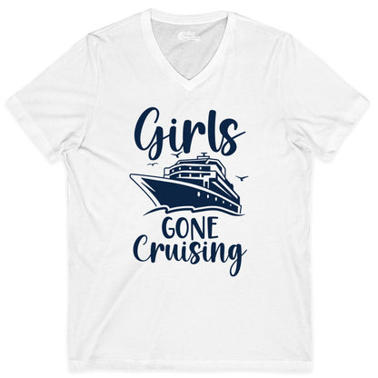 Girls Cruise Shirt - Fun Group Vacation Apparel for Ladies Trips (V-Neck) in White - Girls Gone Cruising Group Cruise Shirt - Fun Girls Trip Cruise Apparel
