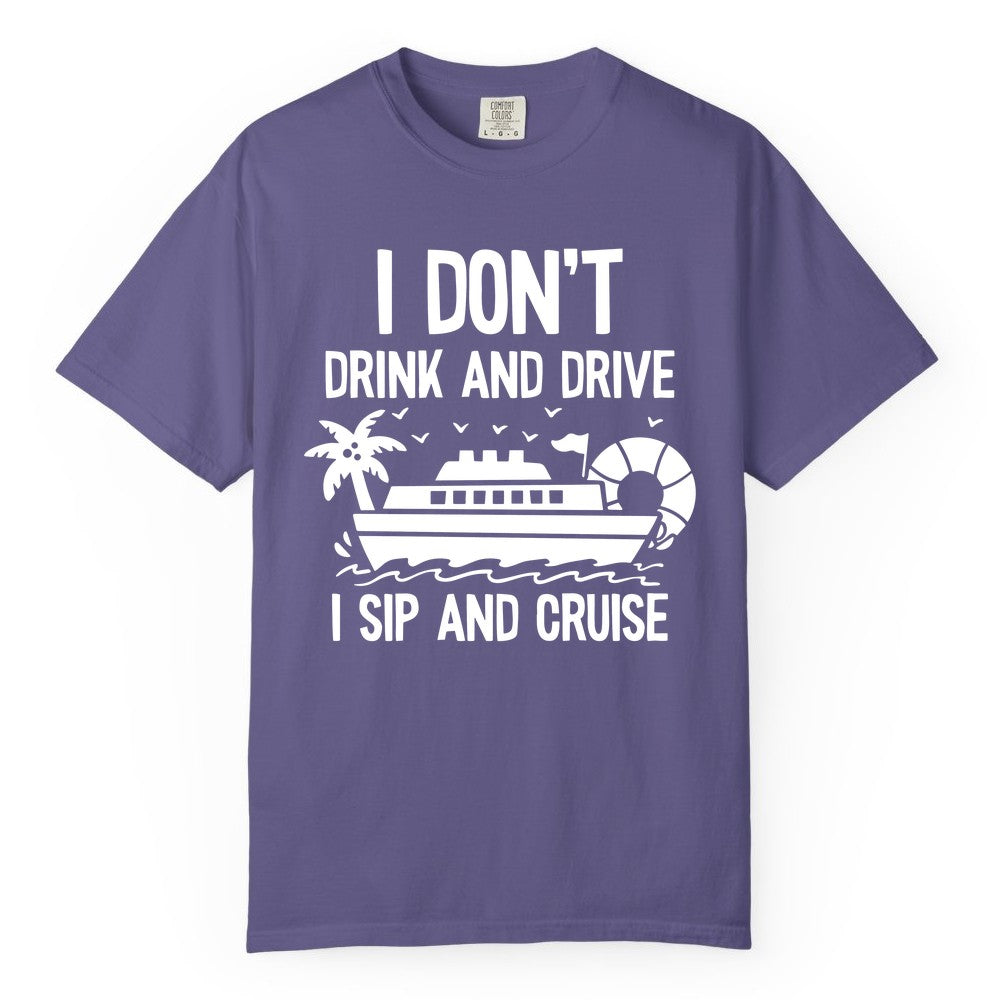 I Sip and Cruise Shirt - Funny Cruise Drinking Tee for Vacationers (Comfort Color) in Grape - I Sip And Cruise Funny Drinking Shirt With Cruise Ship And Tropics