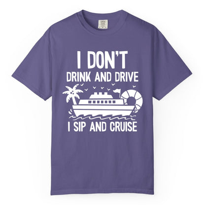 I Sip and Cruise Shirt - Funny Cruise Drinking Tee for Vacationers (Comfort Color) in Grape - I Sip And Cruise Funny Drinking Shirt With Cruise Ship And Tropics