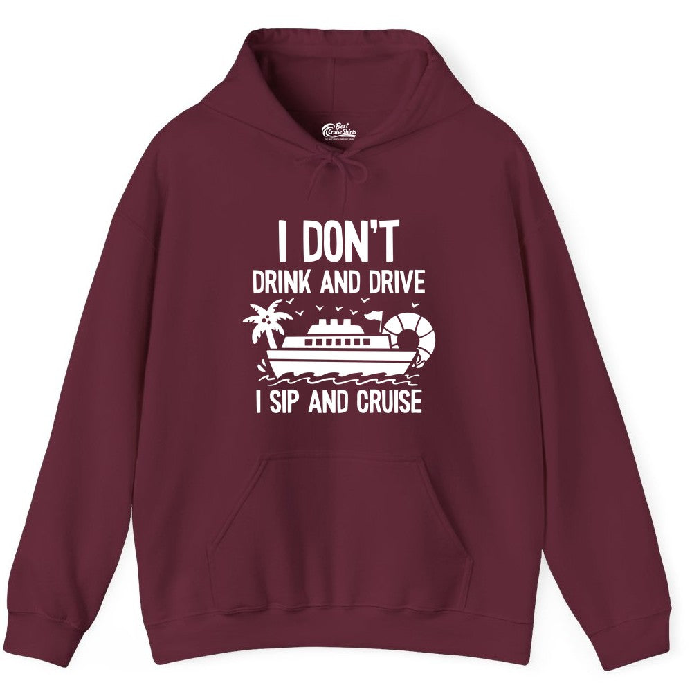 I Sip and Cruise Shirt - Funny Cruise Drinking Tee for Vacationers (Hoodie) in Maroon - I Sip And Cruise Funny Drinking Shirt With Cruise Ship And Tropics