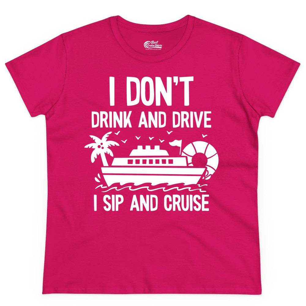 I Sip and Cruise Shirt - Funny Cruise Drinking Tee for Vacationers (Ladies Tee) in Heliconia - I Sip And Cruise Funny Drinking Shirt With Cruise Ship And Tropics