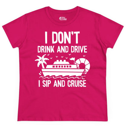 I Sip and Cruise Shirt - Funny Cruise Drinking Tee for Vacationers (Ladies Tee) in Heliconia - I Sip And Cruise Funny Drinking Shirt With Cruise Ship And Tropics