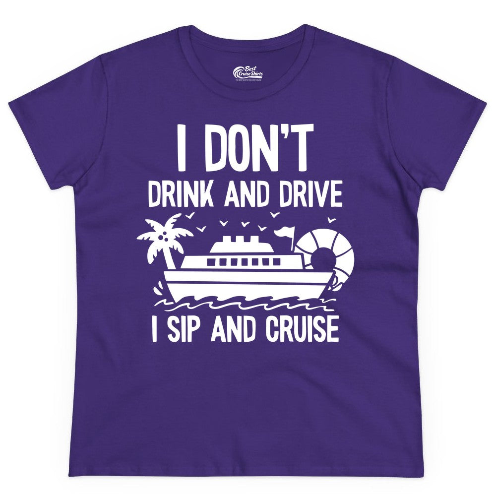 I Sip and Cruise Shirt - Funny Cruise Drinking Tee for Vacationers (Ladies Tee) in Purple - I Sip And Cruise Funny Drinking Shirt With Cruise Ship And Tropics