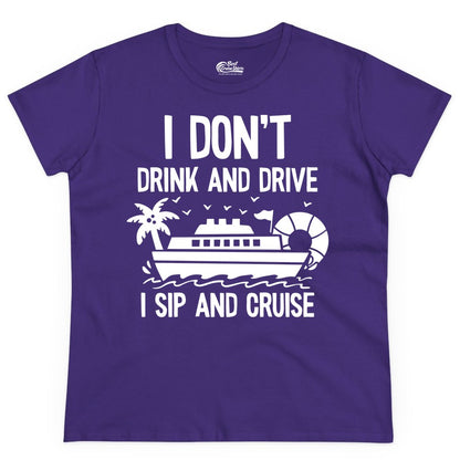 I Sip and Cruise Shirt - Funny Cruise Drinking Tee for Vacationers (Ladies Tee) in Purple - I Sip And Cruise Funny Drinking Shirt With Cruise Ship And Tropics