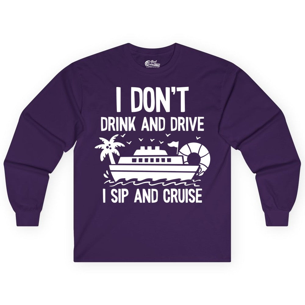 I Sip and Cruise Shirt - Funny Cruise Drinking Tee for Vacationers (Long Sleeve) in Purple - I Sip And Cruise Funny Drinking Shirt With Cruise Ship And Tropics