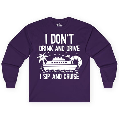 I Sip and Cruise Shirt - Funny Cruise Drinking Tee for Vacationers (Long Sleeve) in Purple - I Sip And Cruise Funny Drinking Shirt With Cruise Ship And Tropics