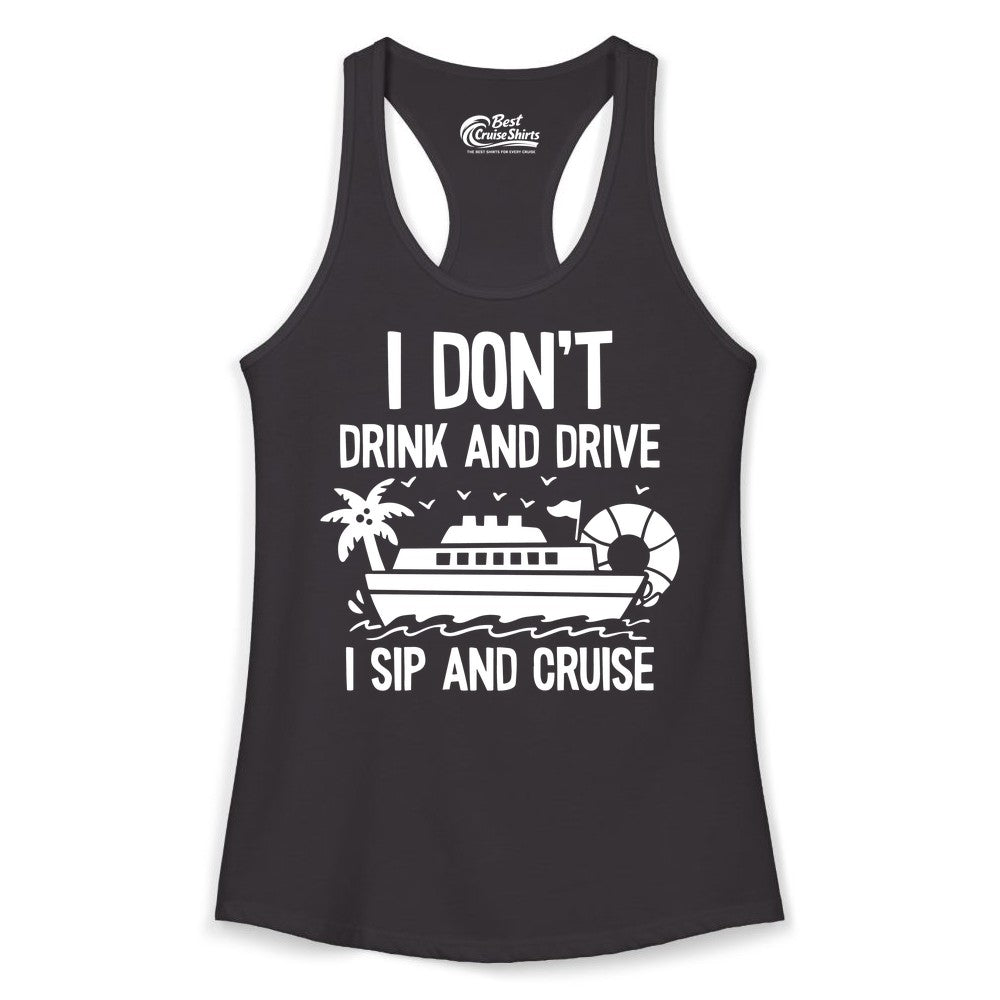 I Sip and Cruise Shirt - Funny Cruise Drinking Tee for Vacationers (Ladies Tank) in Black - I Sip And Cruise Funny Drinking Shirt With Cruise Ship And Tropics