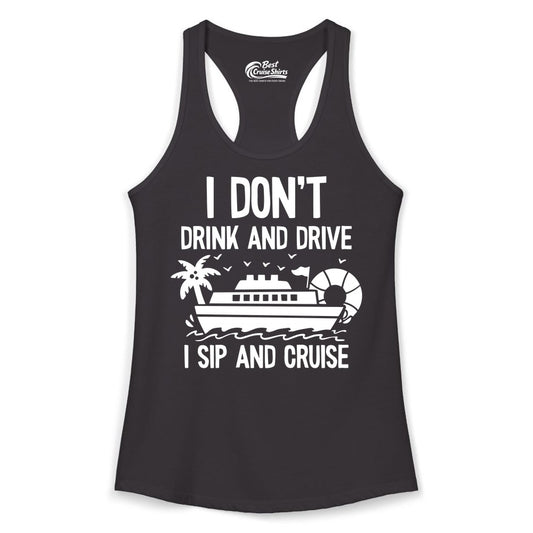 I Sip and Cruise Shirt - Funny Cruise Drinking Tee for Vacationers (Ladies Tank) in Black - I Sip And Cruise Funny Drinking Shirt With Cruise Ship And Tropics