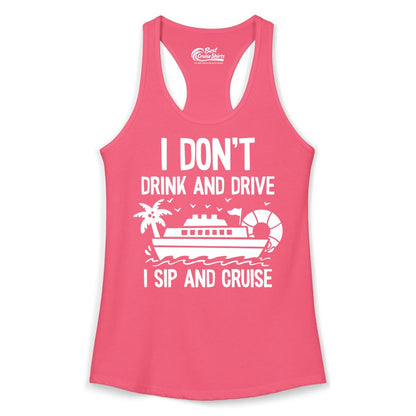 I Sip and Cruise Shirt - Funny Cruise Drinking Tee for Vacationers (Ladies Tank) in Hot Pink - I Sip And Cruise Funny Drinking Shirt With Cruise Ship And Tropics