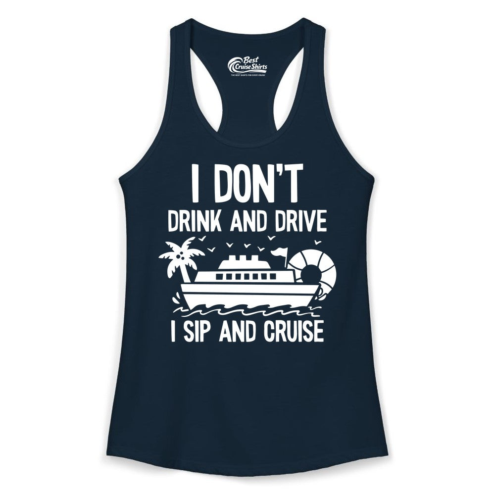 I Sip and Cruise Shirt - Funny Cruise Drinking Tee for Vacationers (Ladies Tank) in Solid Midnight Navy - I Sip And Cruise Funny Drinking Shirt With Cruise Ship And Tropics