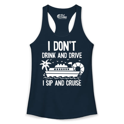 I Sip and Cruise Shirt - Funny Cruise Drinking Tee for Vacationers (Ladies Tank) in Solid Midnight Navy - I Sip And Cruise Funny Drinking Shirt With Cruise Ship And Tropics