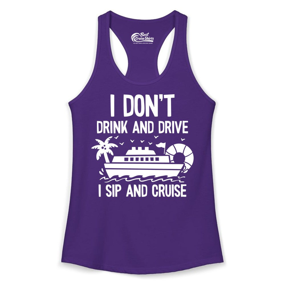 I Sip and Cruise Shirt - Funny Cruise Drinking Tee for Vacationers (Ladies Tank) in Solid Purple Rush - I Sip And Cruise Funny Drinking Shirt With Cruise Ship And Tropics
