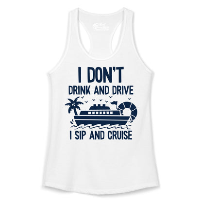 I Sip and Cruise Shirt - Funny Cruise Drinking Tee for Vacationers (Ladies Tank) in White - I Sip And Cruise Funny Drinking Shirt With Cruise Ship And Tropics