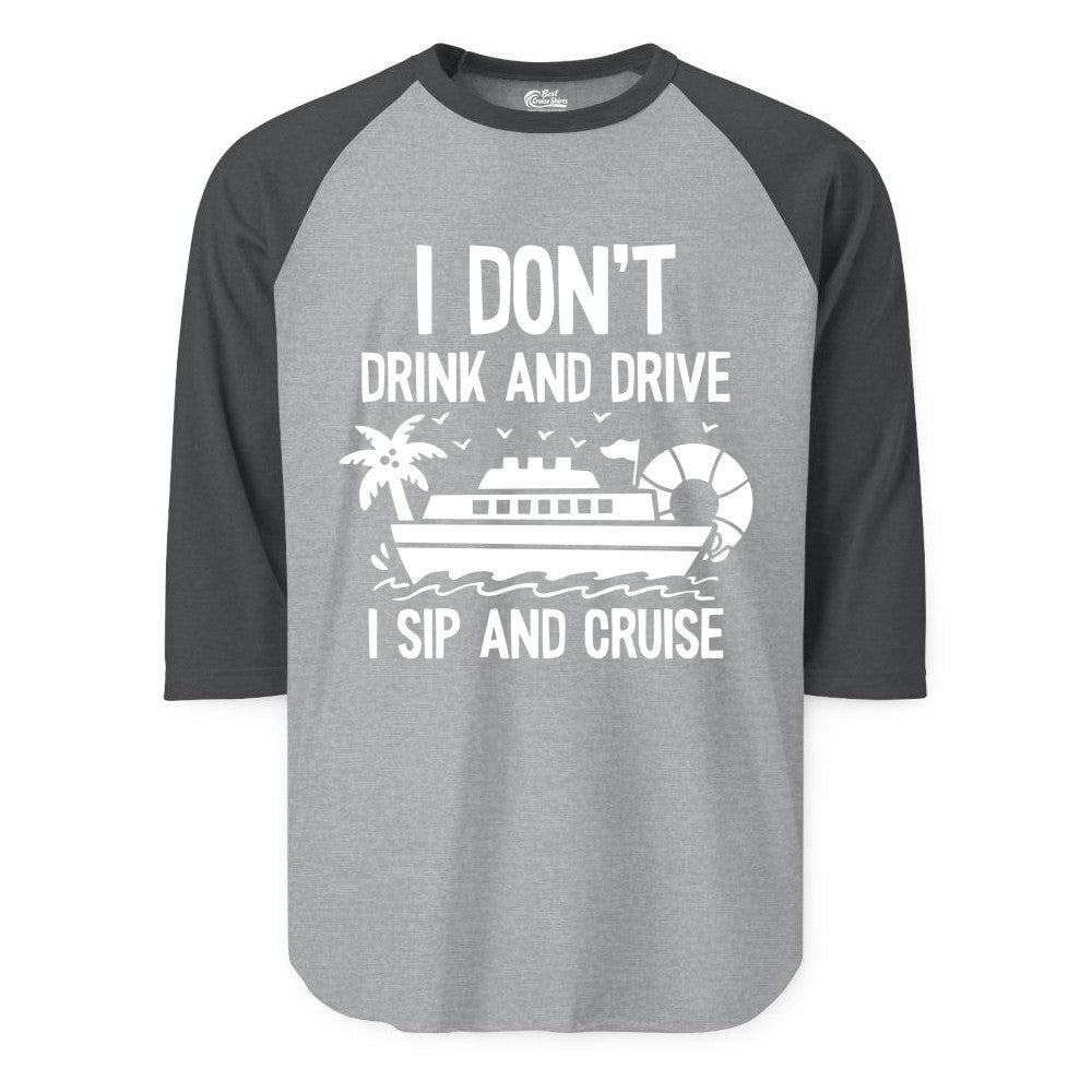 I Sip and Cruise Shirt - Funny Cruise Drinking Tee for Vacationers (Raglan) in Heather GreyHeather Charcoal - I Sip And Cruise Funny Drinking Shirt With Cruise Ship And Tropics