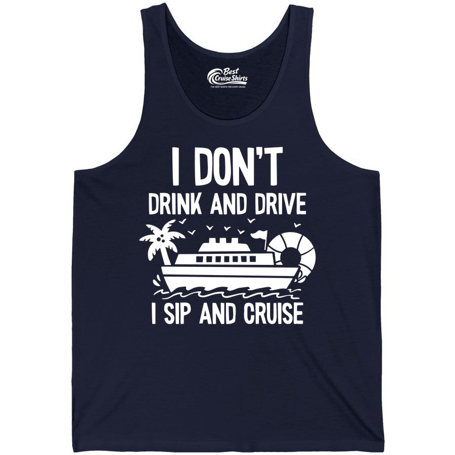 I Sip and Cruise Shirt - Funny Cruise Drinking Tee for Vacationers (Tank Top) in Navy - I Sip And Cruise Funny Drinking Shirt With Cruise Ship And Tropics