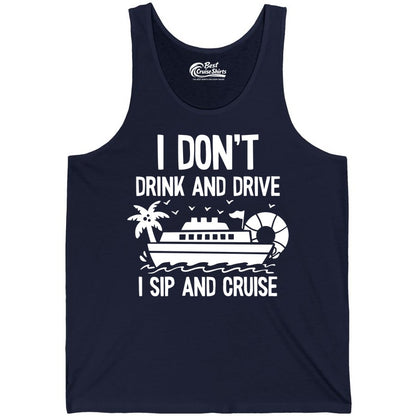 I Sip and Cruise Shirt - Funny Cruise Drinking Tee for Vacationers (Tank Top) in Navy - I Sip And Cruise Funny Drinking Shirt With Cruise Ship And Tropics
