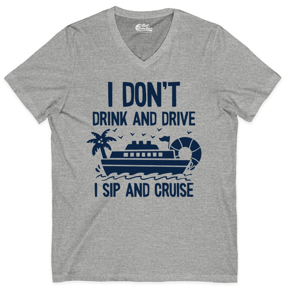 I Sip and Cruise Shirt - Funny Cruise Drinking Tee for Vacationers (V-Neck) in Athletic Heather - I Sip And Cruise Funny Drinking Shirt With Cruise Ship And Tropics