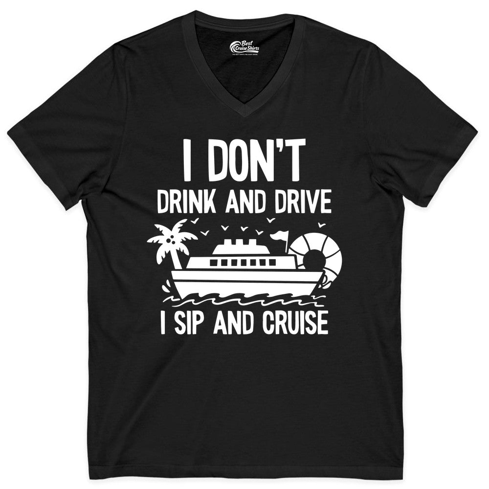 I Sip and Cruise Shirt - Funny Cruise Drinking Tee for Vacationers (V-Neck) in Black - I Sip And Cruise Funny Drinking Shirt With Cruise Ship And Tropics