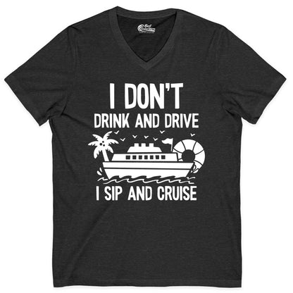 I Sip and Cruise Shirt - Funny Cruise Drinking Tee for Vacationers (V-Neck) in Dark Grey Heather - I Sip And Cruise Funny Drinking Shirt With Cruise Ship And Tropics