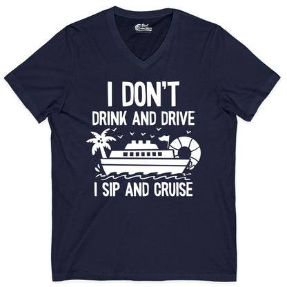 I Sip and Cruise Shirt - Funny Cruise Drinking Tee for Vacationers (V-Neck) in Navy - I Sip And Cruise Funny Drinking Shirt With Cruise Ship And Tropics