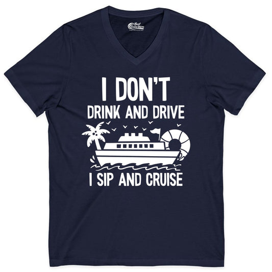 I Sip and Cruise Shirt - Funny Cruise Drinking Tee for Vacationers (V-Neck) in Navy - I Sip And Cruise Funny Drinking Shirt With Cruise Ship And Tropics