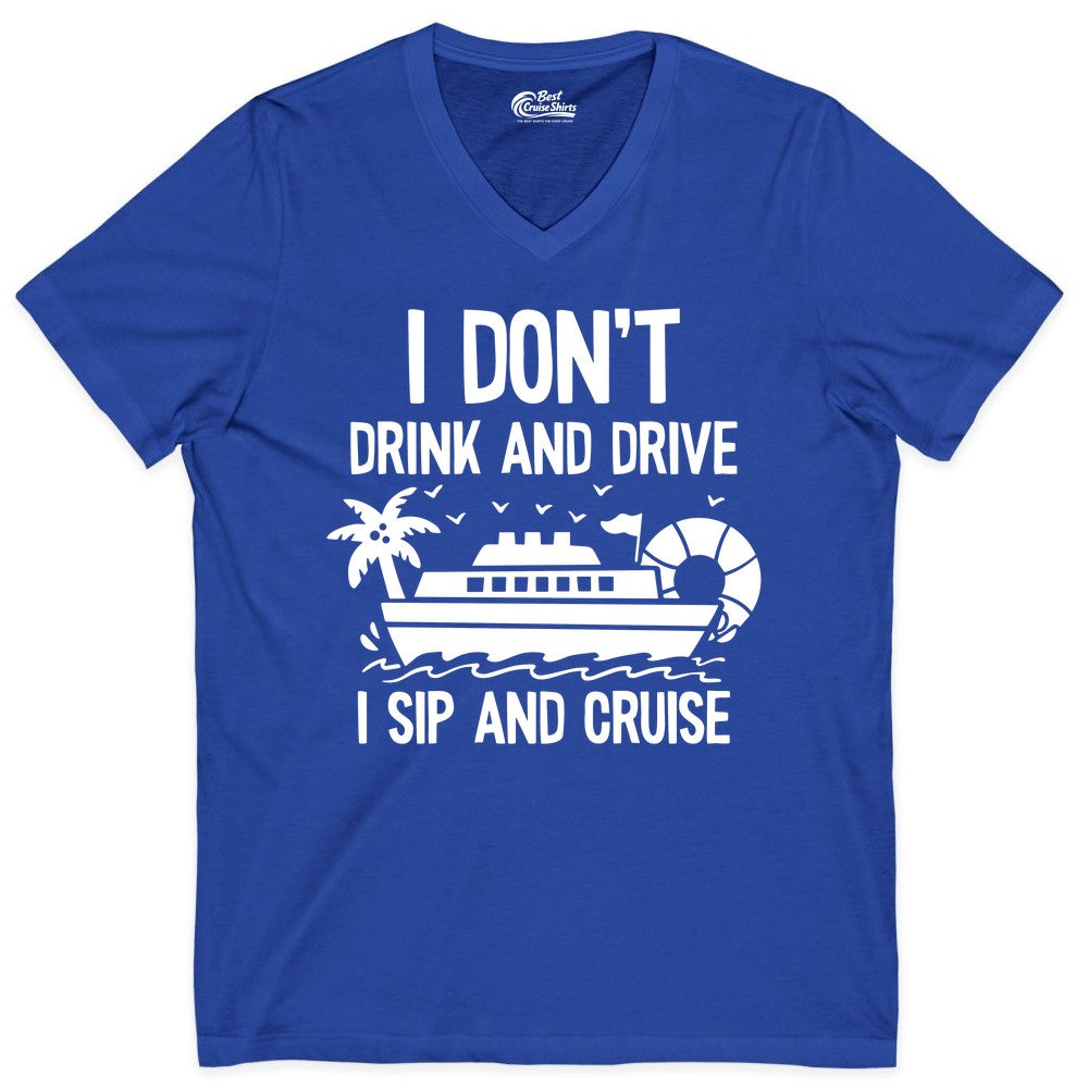 I Sip and Cruise Shirt - Funny Cruise Drinking Tee for Vacationers (V-Neck) in True Royal - I Sip And Cruise Funny Drinking Shirt With Cruise Ship And Tropics