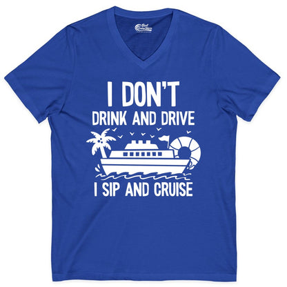 I Sip and Cruise Shirt - Funny Cruise Drinking Tee for Vacationers (V-Neck) in True Royal - I Sip And Cruise Funny Drinking Shirt With Cruise Ship And Tropics