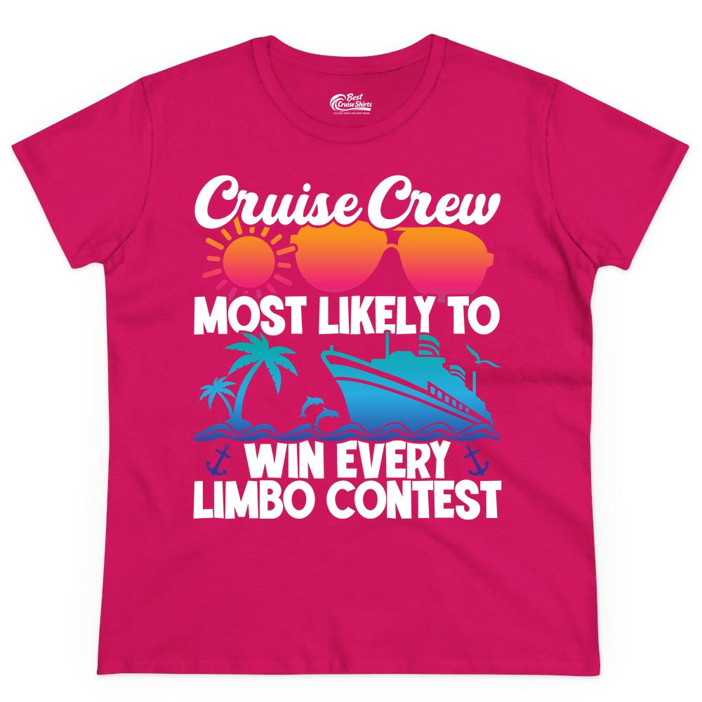 Cruise Crew Shirt - Funny Limbo Contest Tee for Group Cruises (Ladies Tee) in Heliconia - Cruise Crew Limbo Contest Funny Group Caribbean Party Shirt
