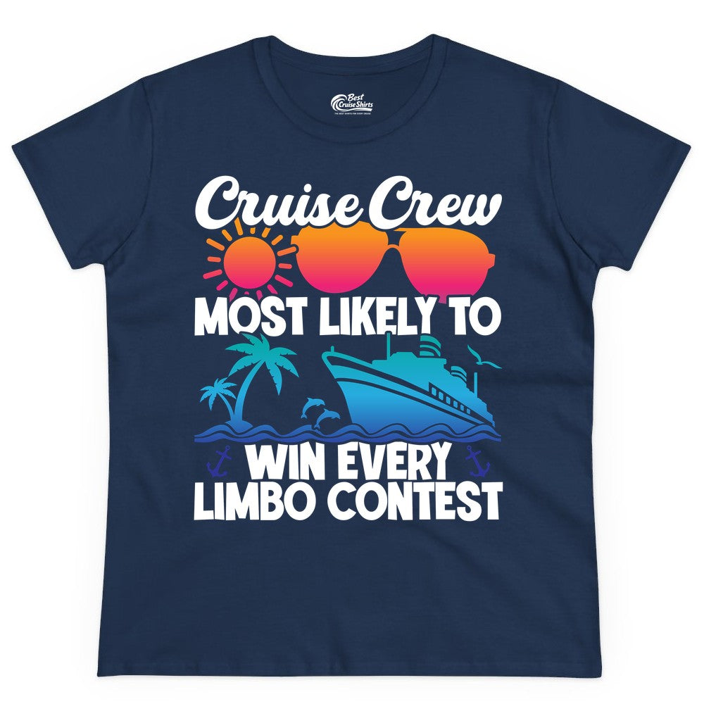 Cruise Crew Shirt - Funny Limbo Contest Tee for Group Cruises (Ladies Tee) in Navy - Cruise Crew Limbo Contest Funny Group Caribbean Party Shirt
