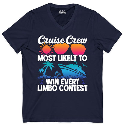 Cruise Crew Shirt - Funny Limbo Contest Tee for Group Cruises (V-Neck) in Navy - Cruise Crew Limbo Contest Funny Group Caribbean Party Shirt