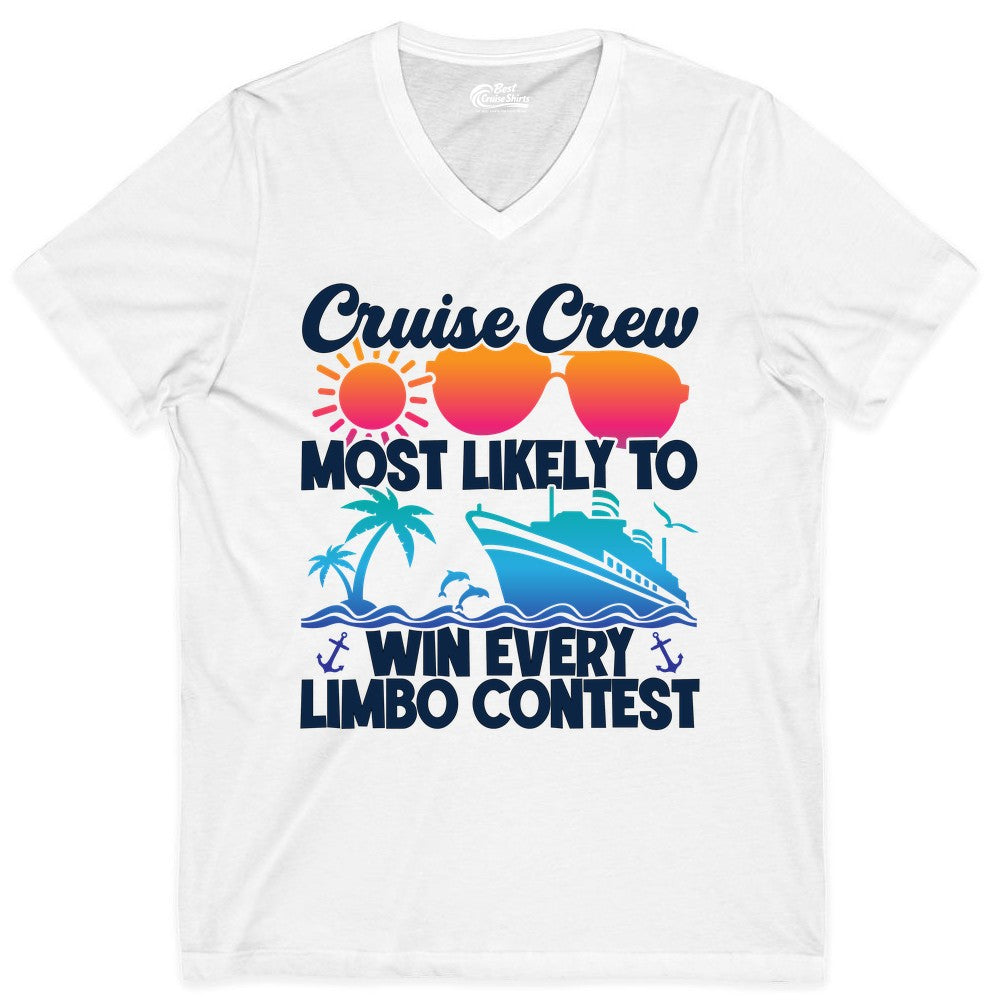 Cruise Crew Shirt - Funny Limbo Contest Tee for Group Cruises (V-Neck) in White - Cruise Crew Limbo Contest Funny Group Caribbean Party Shirt