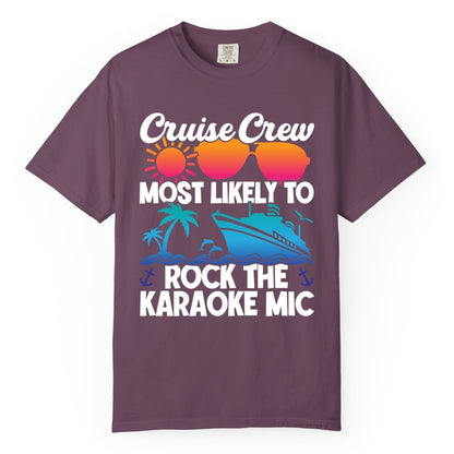 Cruise Crew Shirt - Fun Karaoke Party Vacation Group Apparel (Comfort Color) in Berry - Cruise Crew Karaoke Party Shirt - Tropical Sunset Sunglasses Design