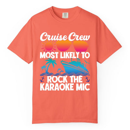 Cruise Crew Shirt - Fun Karaoke Party Vacation Group Apparel (Comfort Color) in Bright Salmon - Cruise Crew Karaoke Party Shirt - Tropical Sunset Sunglasses Design