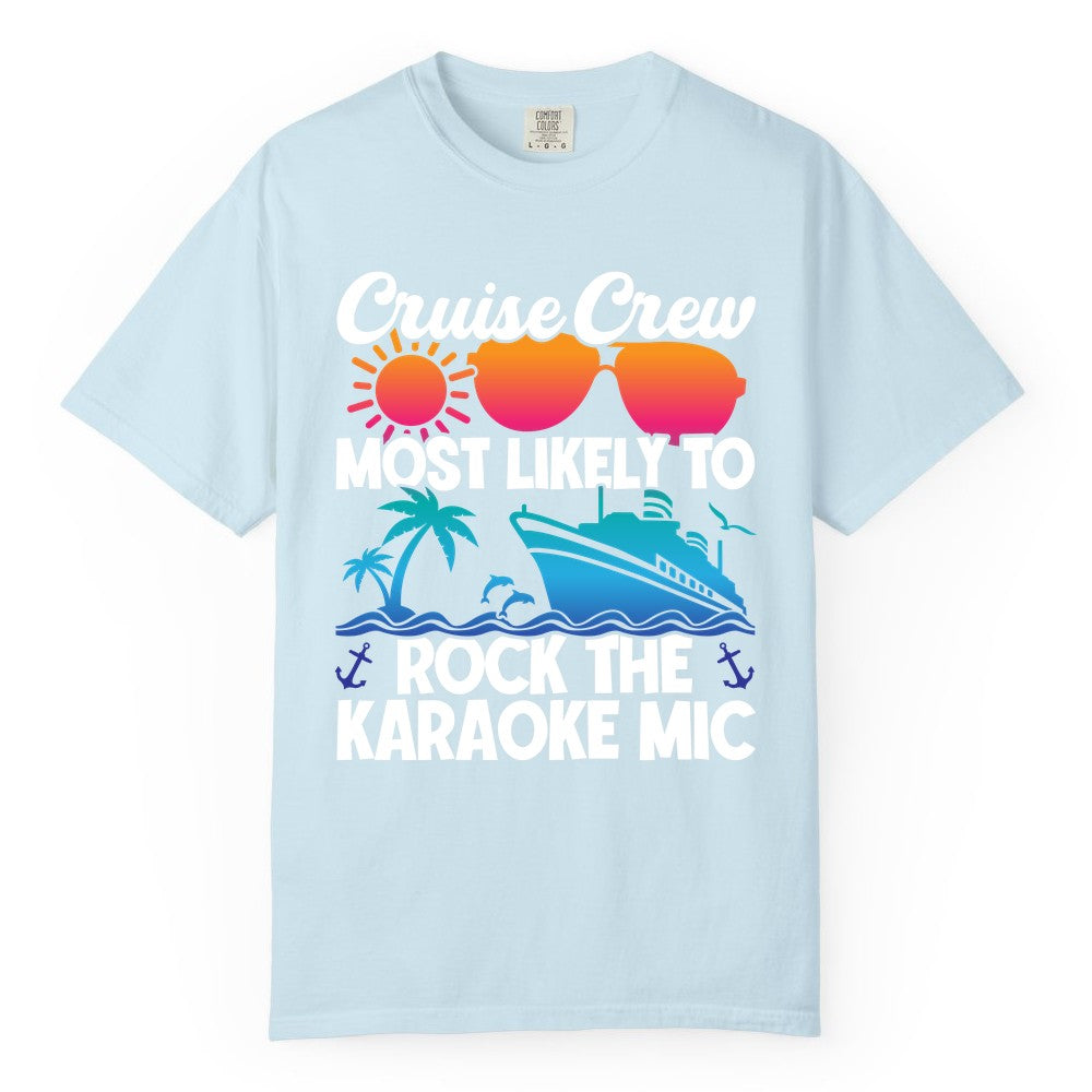 Cruise Crew Shirt - Fun Karaoke Party Vacation Group Apparel (Comfort Color) in Chambray - Cruise Crew Karaoke Party Shirt - Tropical Sunset Sunglasses Design