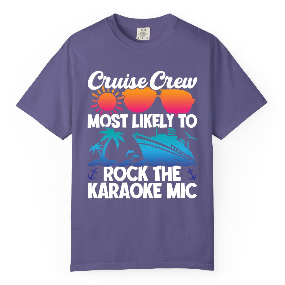 Cruise Crew Shirt - Fun Karaoke Party Vacation Group Apparel (Comfort Color) in Grape - Cruise Crew Karaoke Party Shirt - Tropical Sunset Sunglasses Design